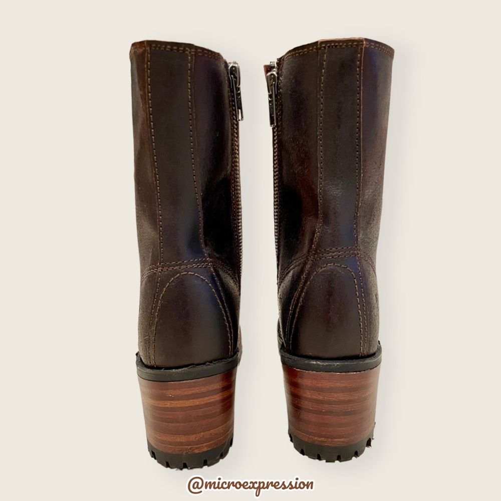 $528 Frye Sabrina Moto Brown Lace Up Leather Chunky Lug Heel Combat Ankle Bootie - Picture 12 of 16